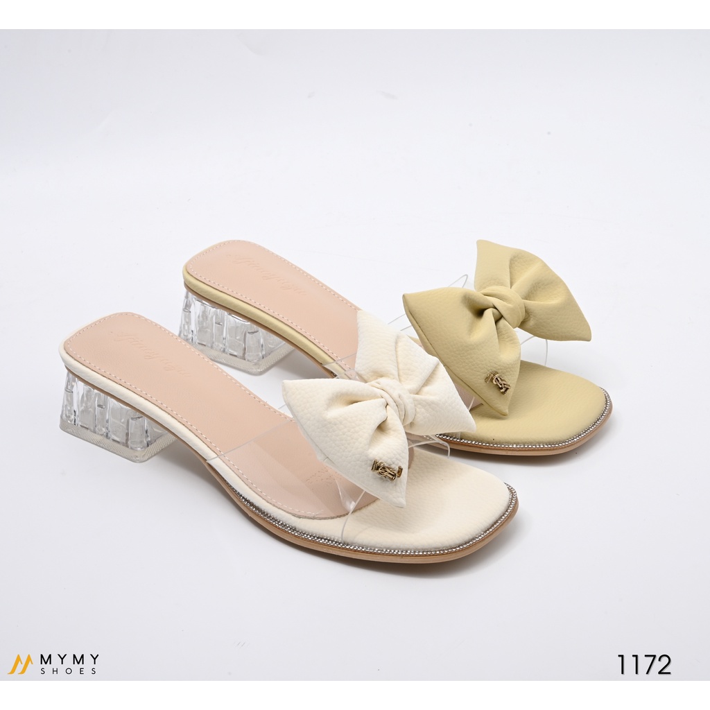 Dép nữ Mymy shoes da sần mũi vuông thời trang, sandal nữ viền đá quai trong gắn nơ da - 1172