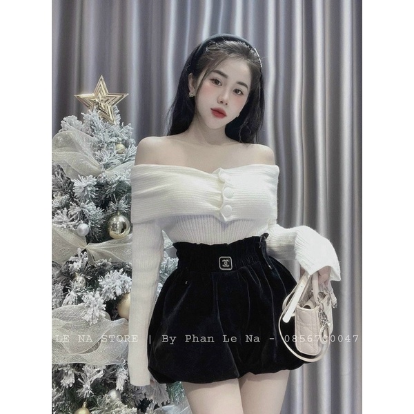 RẺ VÔ ĐỊCH Set Bộ Áo Gân Croptop Trễ Vai Đính Núc Bọc Kèm Quần Đính Hiệu Short Nhung Bí