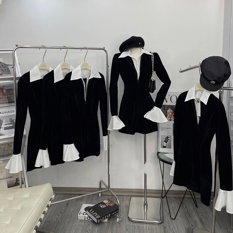 Set váy nhung cổ sơmi khoá