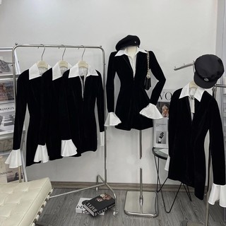 Set váy nhung cổ sơmi khoá