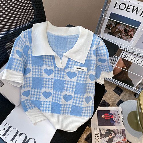 Áo loang màu áo croptop Áo polo Dệt Kim Tay Ngắn Họa Tiết Sọc Caro Phong Cách Preppy Ngọt Ngào