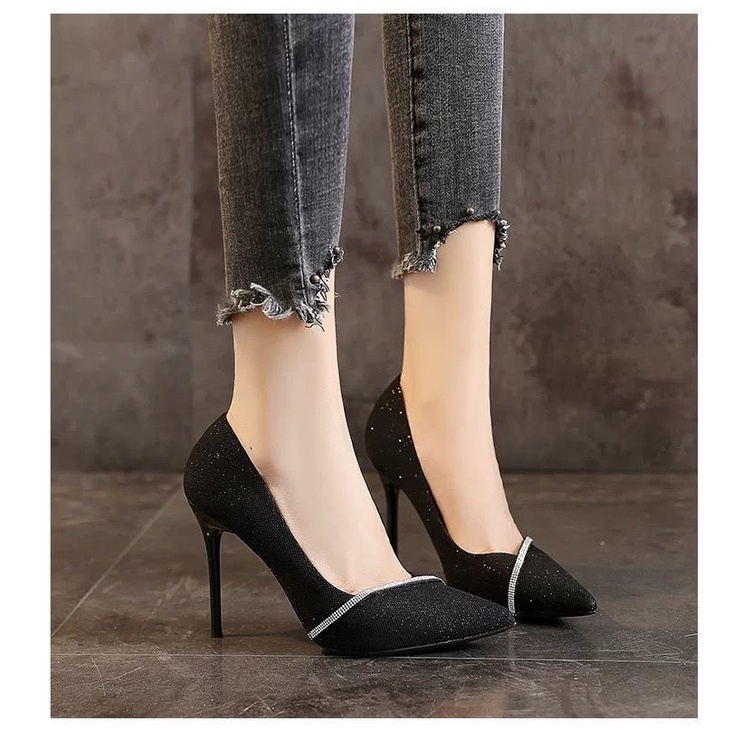 Giày cao gót nhọn 10p bít mũi kim tuyến phối dây đính đá kèm video ảnh thật