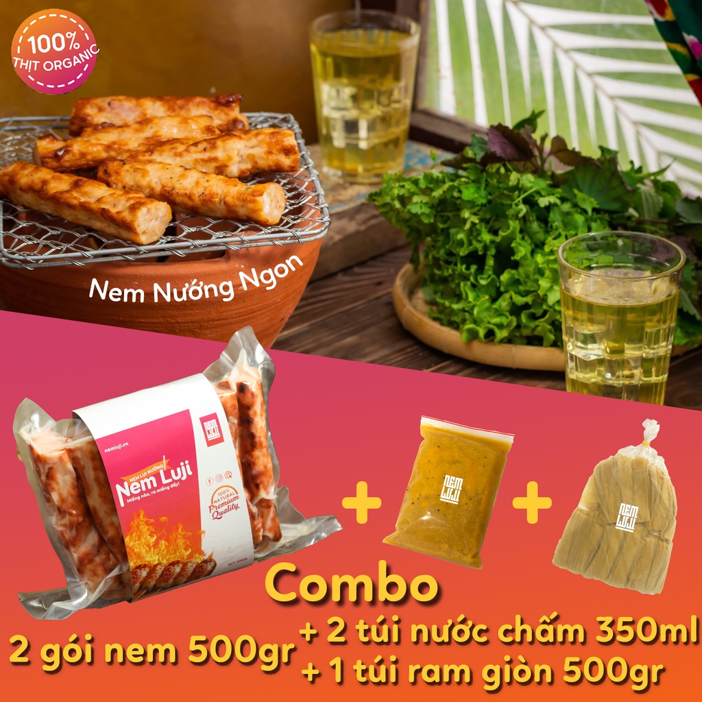 Nem nướng Nha Trang, nem lụi nướng - Combo 2 gói nem + 2 túi chấm + 1 gói ram đóng sẵn