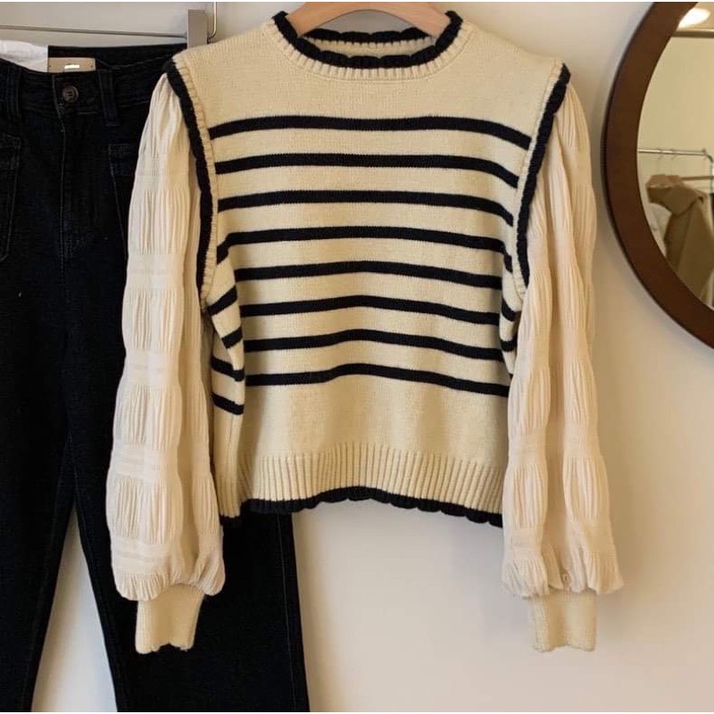 Áo len nữ cổ tròn kẻ phối tay bồng nhún siêu xinh, hàng hot kèm ảnh thật hàng - hàng có sẵn