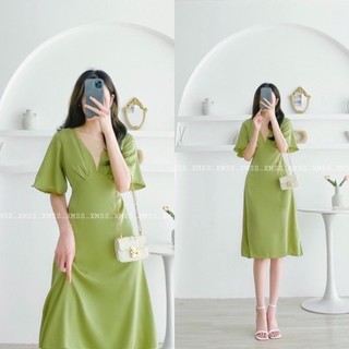 Váy xanh cốm Dúm eo dáng dài váy xanh bơ dáng dài tay cánh tiên