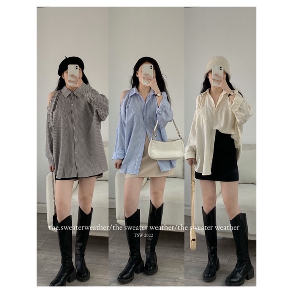 Áo sơ mi kẻ khoét vai túi ngực the.sweaterweather TSW (ảnh thật)