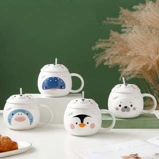 Ly cốc sứ Thú cưng Heo hồng - Gấu Bắc Cực - Bò Sữa Moo - Mèo Cat Tour kèm thìa dễ thương