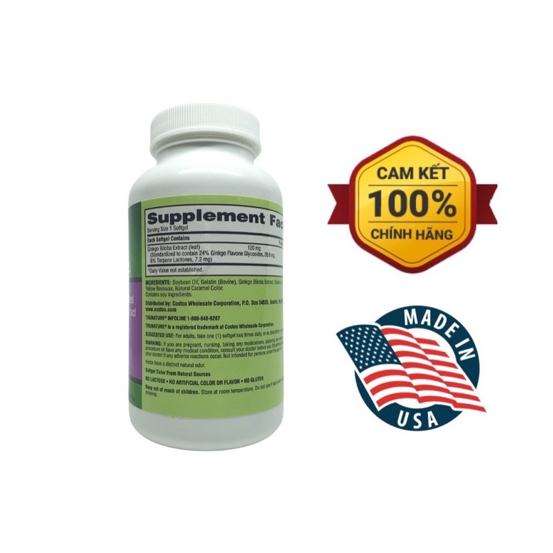 Viên Uống Bổ Não Tăng Cường Trí Nhớ, Tuần Hoàn Não Trunature Ginkgo Biloba 120mg 340 viên