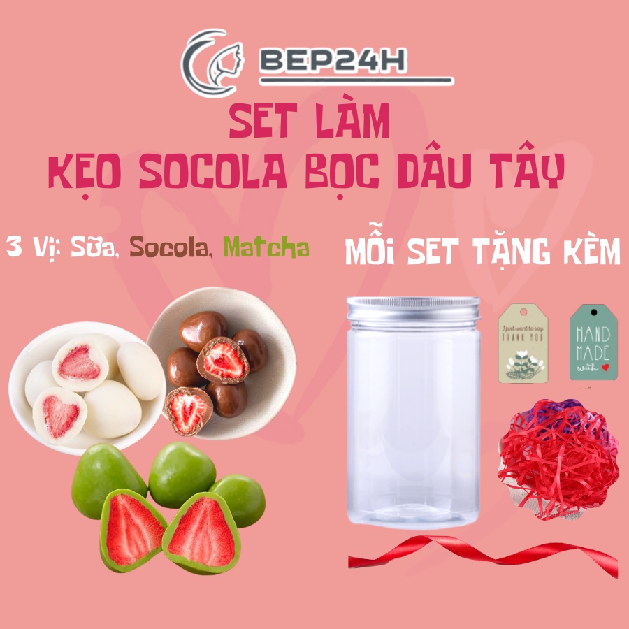 Set Làm Kẹo Socola Bọc Dâu 17-20 viên, set nguyên liệu kèm hộp quà tặng Bếp 24h