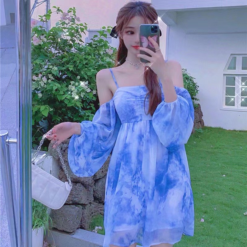 Đầm Ngắn Hai Dây Nhuộm Màu Tay Dài Phồng In Họa Tiết Hoa Phong Cách Pháp Cổ Điển Thời Trang Mùa Hè Hàng Mới 2023