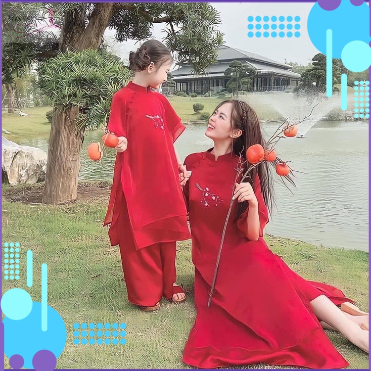 Sét Áo Dài Đỏ Cách Tân Tay Tiên Kết Cườm Xinh Xắn, Duyên Dáng, Trẻ Trung, Chất Tơ Óng Cao Cấp Dày Mềm Mịn, Bền Đẹp