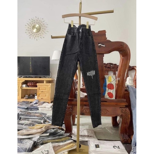Quần jean Nữ Skinny Đen/Xám  Rách Cào Tròn Tua Lai Co Giãn Lưng Siêu Cao