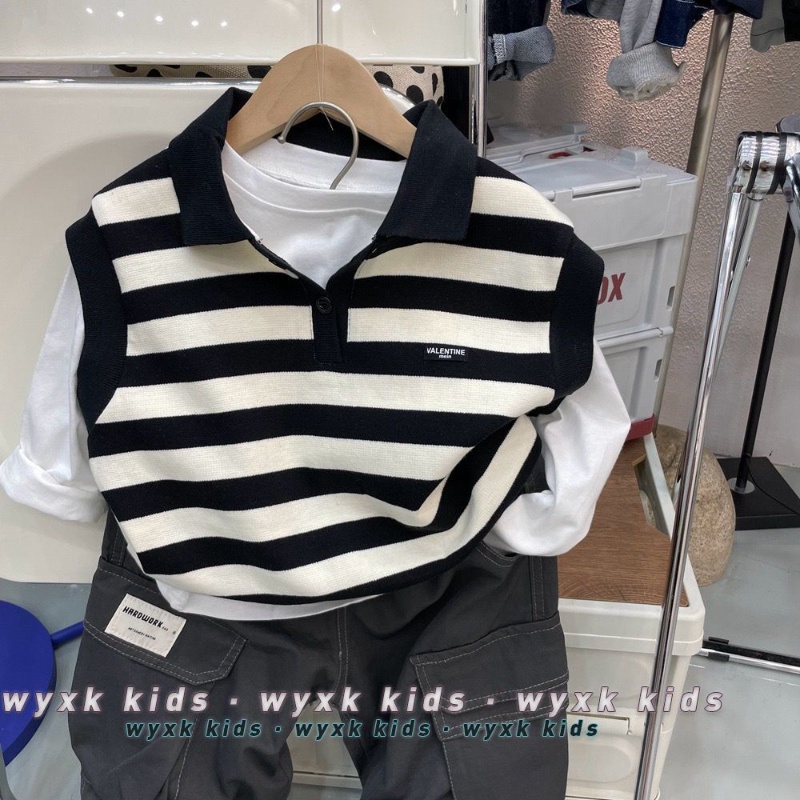 Set Áo Sơ Mi Dài Tay Họa Tiết Sọc + Áo Khoác Ghi Lê Thời Trang Cho Bé