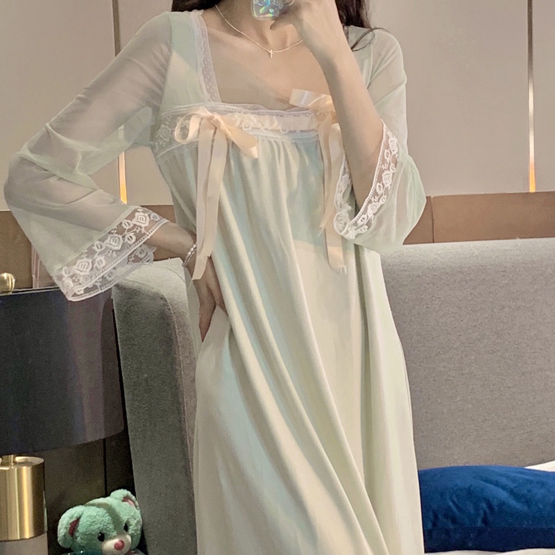 Bộ Đồ Ngủ nữ Đầm Ngủ Dài Tay Phối Ren Phong Cách Công Chúa Ngọt Ngào
