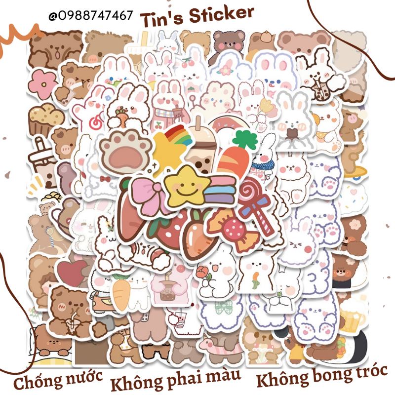 Set combo 90 miếng dán sticker Gấu Thỏ dán nón mũ bảo hiểm laptop vali sổ tay tủ lạnh đàn guitar điện thoại