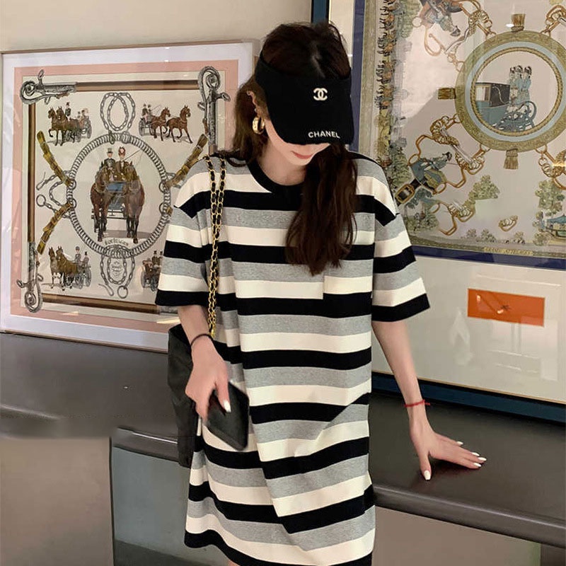 Đầm XINLANYASHE ngắn tay dáng rộng họa tiết kẻ sọc thời trang Hàn Quốc giản dị dành cho bạn nữ