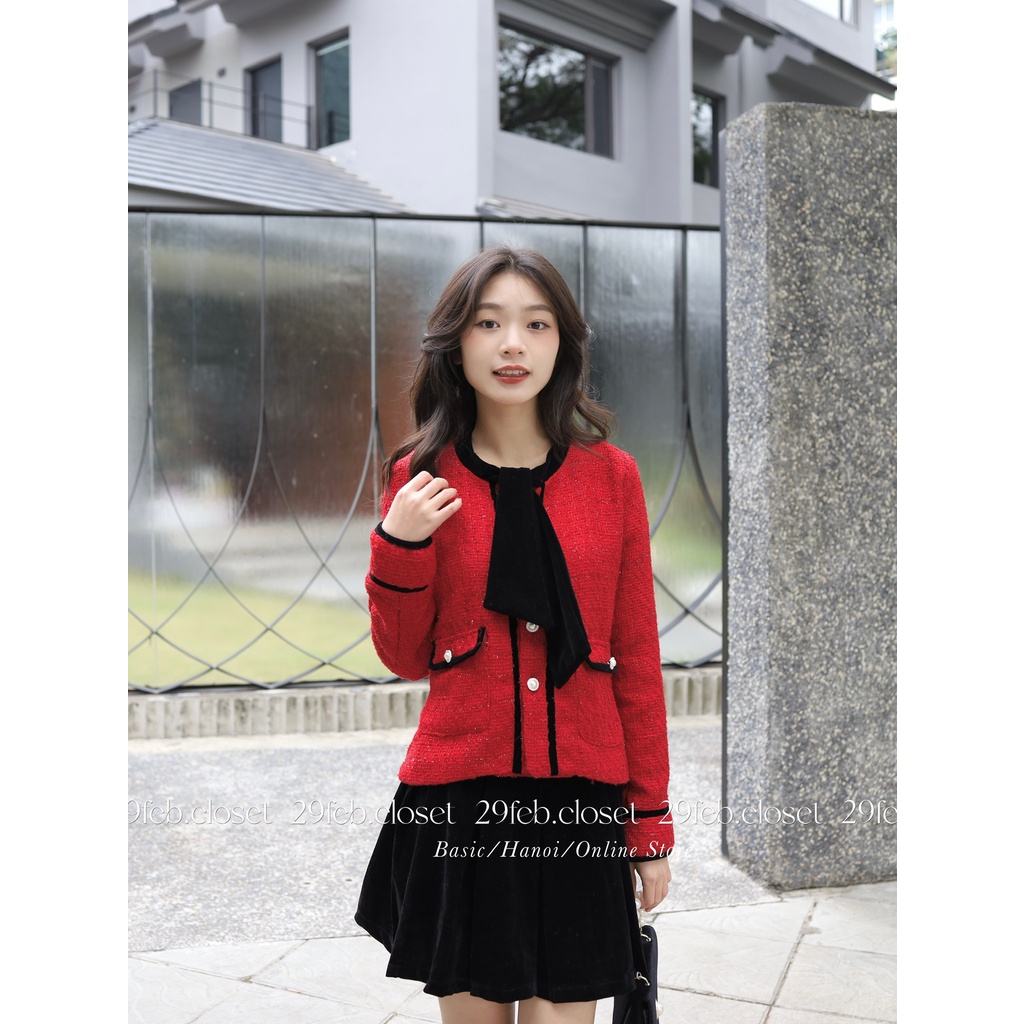 Set áo dạ tweed phối viền đen kèm chân váy nhung xòe - 29feb.closet - S65