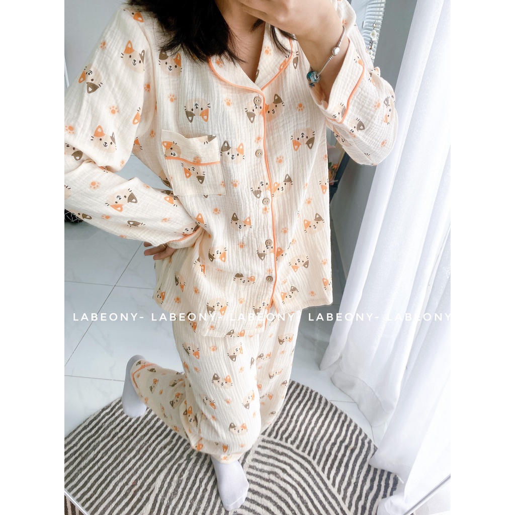 Pyjama tết đồ mặc nhà đồ bộ mèo cam xô muslin cao cấp mềm mát Labeony