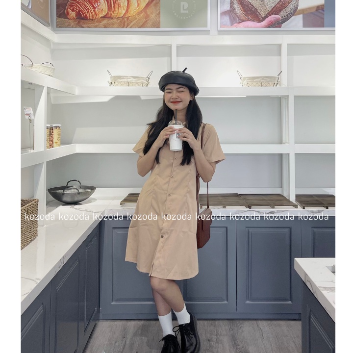 Váy đầm sơ mi thô mềm dáng xoè dài thanh lịch lưng chun sau 4 màu Kozoda D48