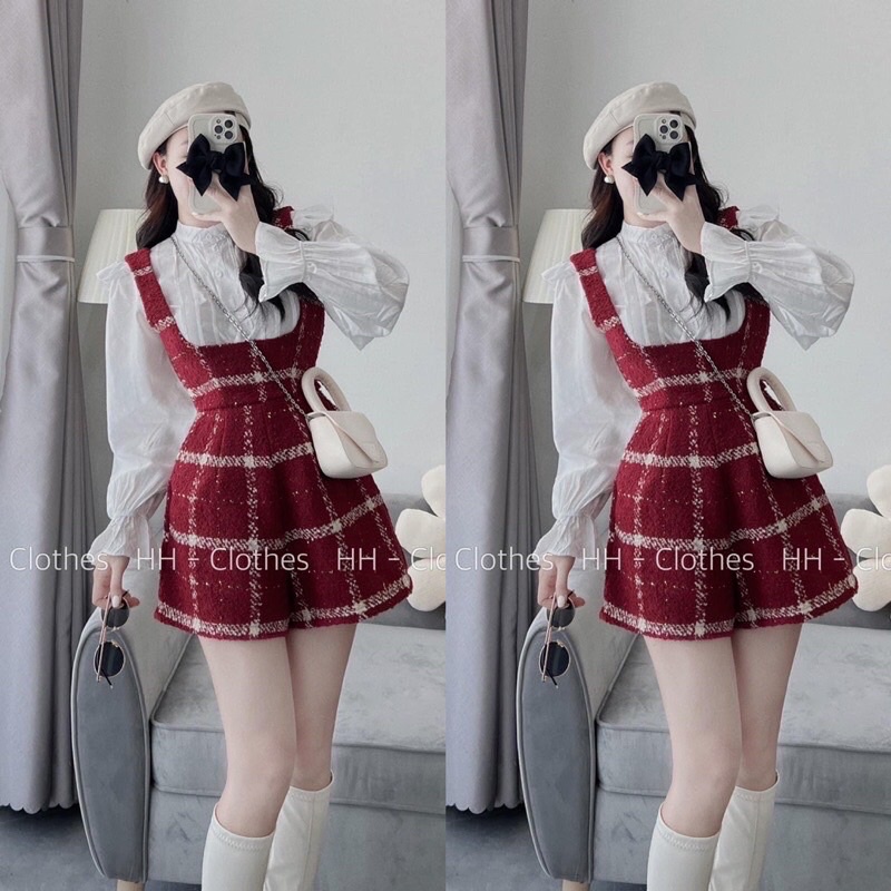 SET YẾM DẠ KẺ ĐỎ PHỐI ÁO SƠ MI BÈO SYDKDP