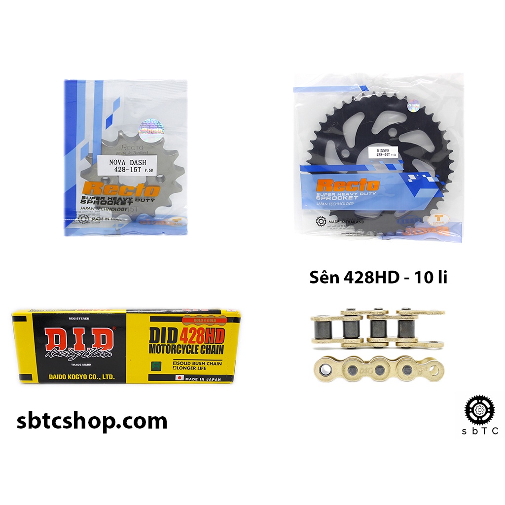 NSD Nhông dĩa RECTO sên DID vàng 428HD 10 li ly Honda Winner Sonic chính hãng