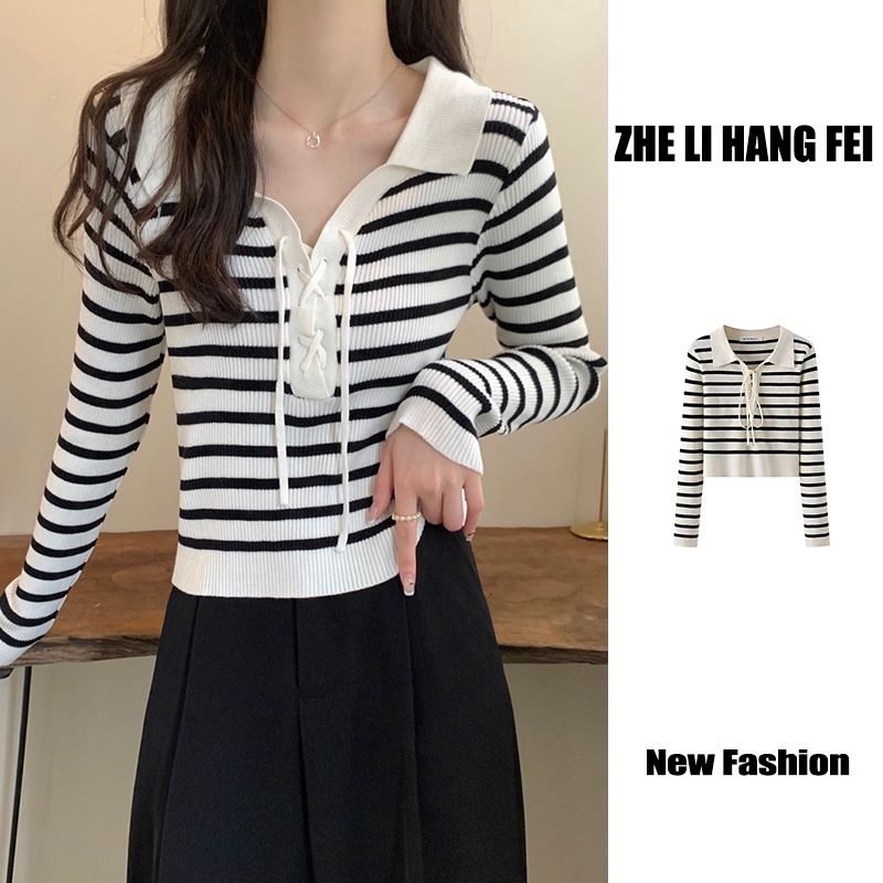 ZHELIHANGFEI Áo Len POLO Tay Dài Thắt Dây Form Ôm Họa Tiết Kẻ Sọc Dễ Phối Đồ