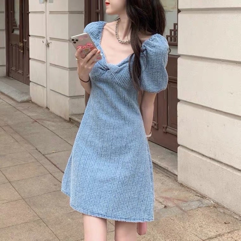 Đầm xanh tay phồng tiểu thư vải kaki jean
