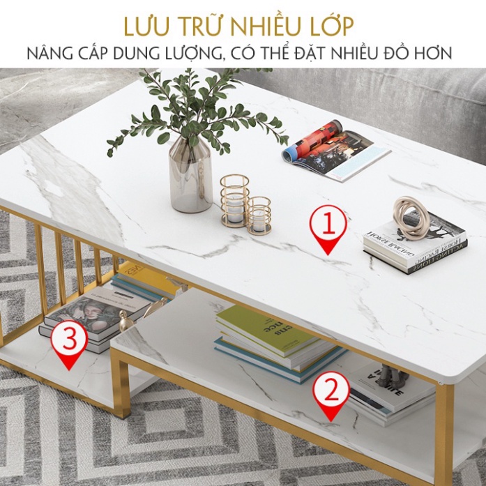 Bàn sofa phòng khách BETA HOME bàn trà mặt gỗ 3 tầng họa tiết vân đá cẩm thạch chân sơn nhũ vàng kích thước 100*50*42cm | BigBuy360 - bigbuy360.vn