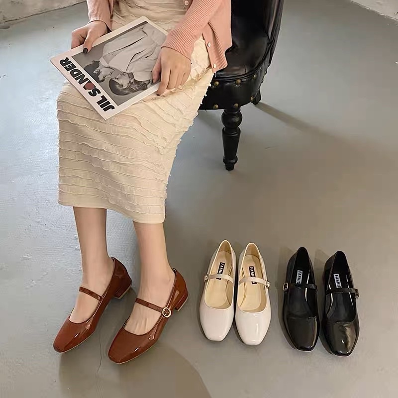 Giày búp bê Mary Jane cho nữ da trơn đế thấp 2cm có quai cài