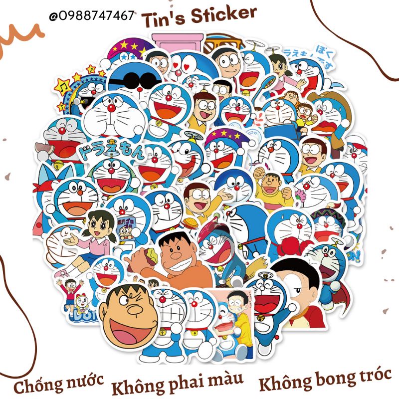 Set combo 50 sticker Doraemon Đô rê mon doremon chống thấm nước dán trang trí nón bảo hiểm laptop vali hộp bút xe máy