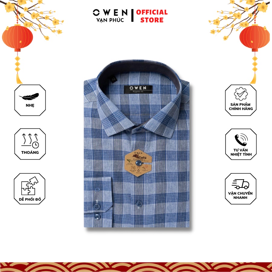 Áo Sơ Mi Nam Dài Tay OWEN AR220860DT Kẻ Caro Trắng Xanh Melange Kiểu Dáng Regular Fit Chất Liệu Cafe Mịn Mát Dễ Phối Đồ