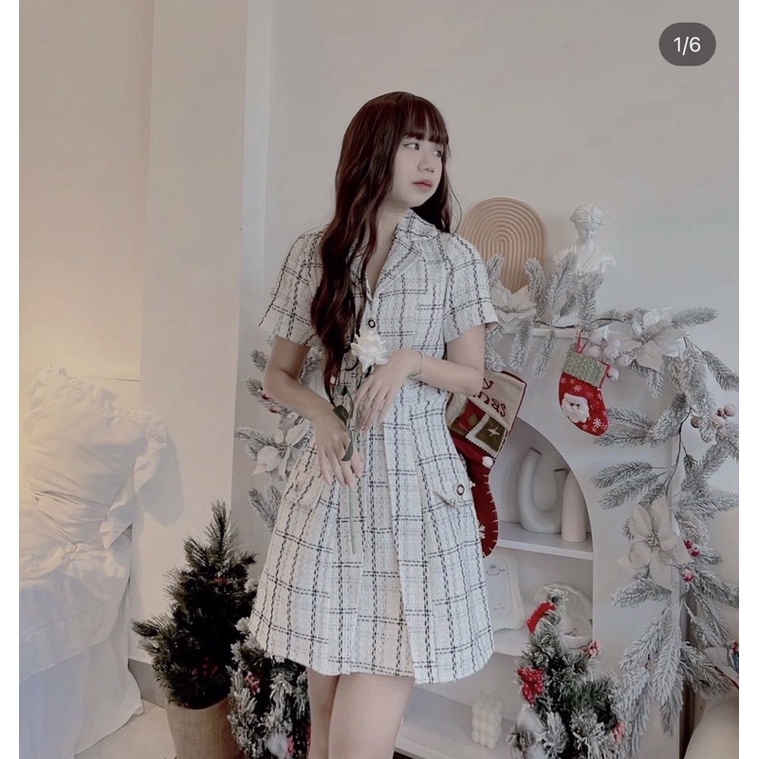 ĐẦM DẠ KẺ KEM CỔ VEST 🤍