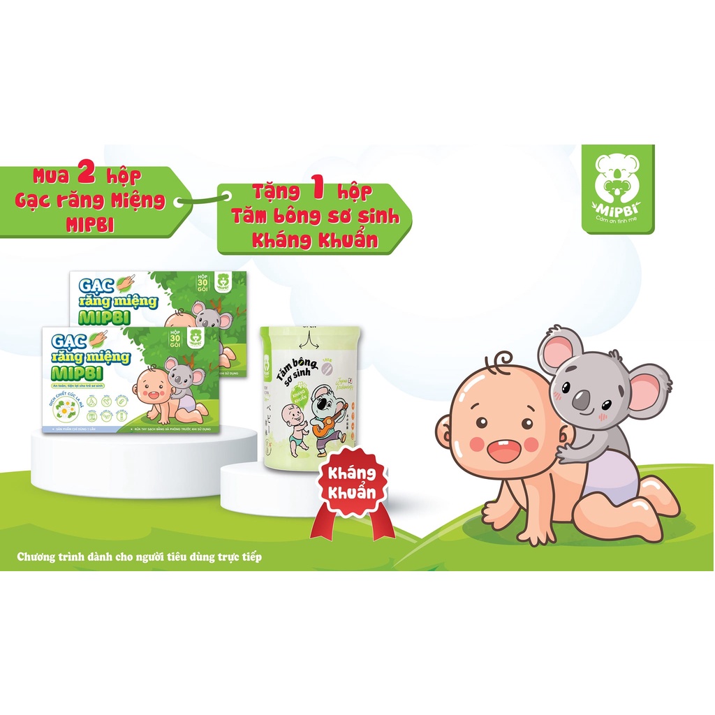 ⚡MUA 2 TẶNG 1⚡2 hộp Gạc răng miệng Mipbi hộp 30 gói tặng hộp tăm bông kháng khuẩn 180 que