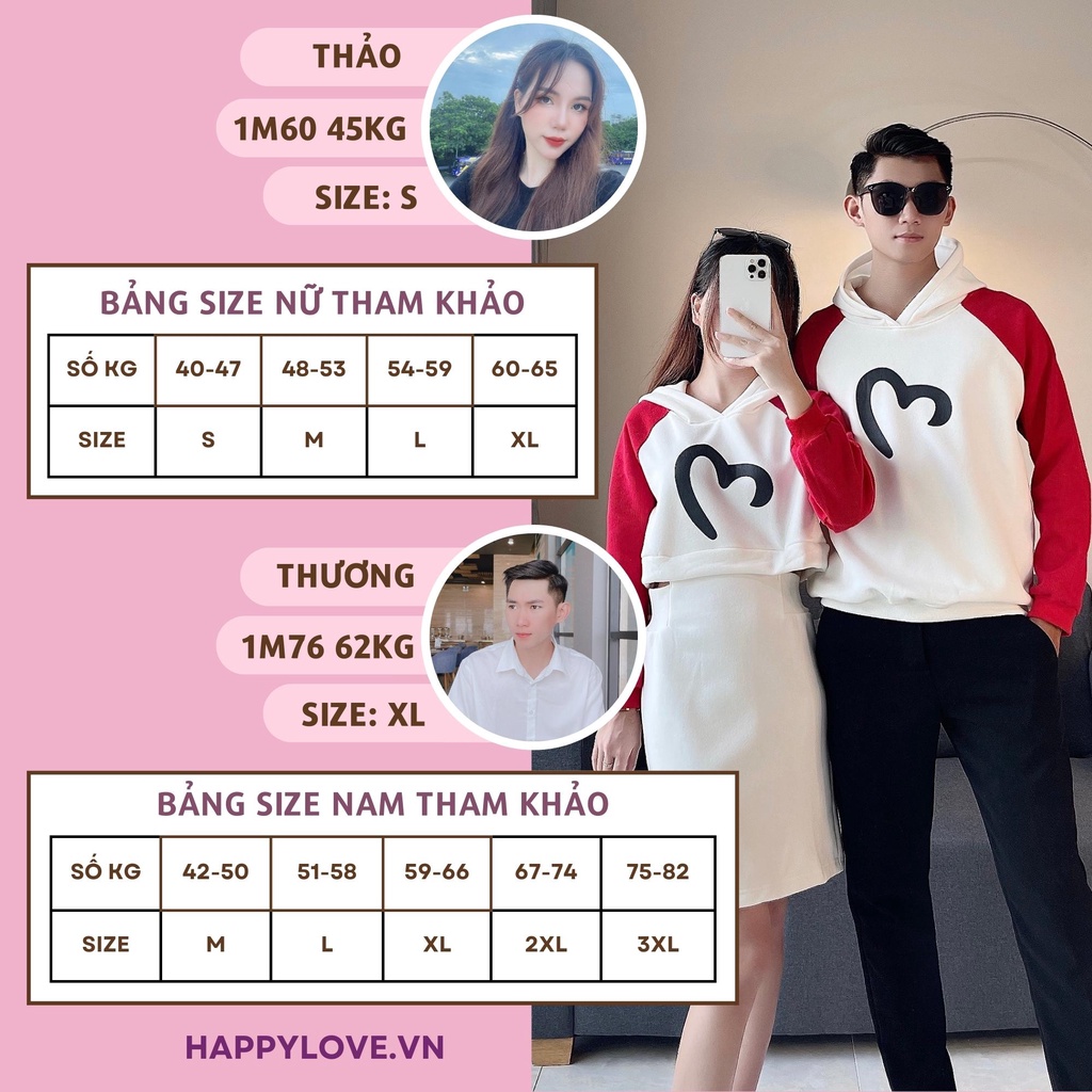 Set Đồ Đôi Couple Áo Nam Váy Nữ Hoodie Hình Trái Tim QUẢNG CHÂU L1 Chất Nỉ Siêu Dày Mịn Màu Trắng Phối Đỏ HAPPYLOVE H65