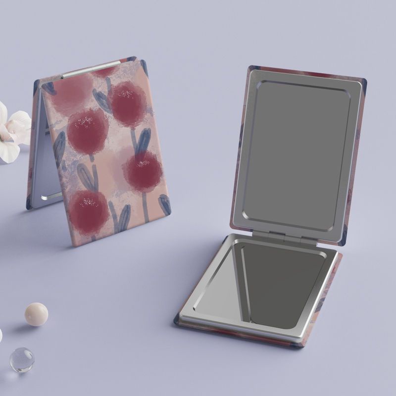 Gương Trang Điểm Cầm Tay Hai Mặt Hình Chữ Nhật Họa Tiết Hoa Tulip Dễ Thương