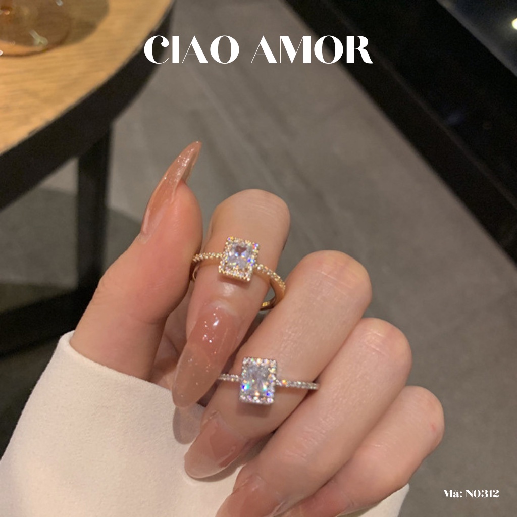 Nhẫn nữ bạc đính đá mặt vuông đơn giản sang trọng đính đá viền Trang sức Ciao Amor - N0312