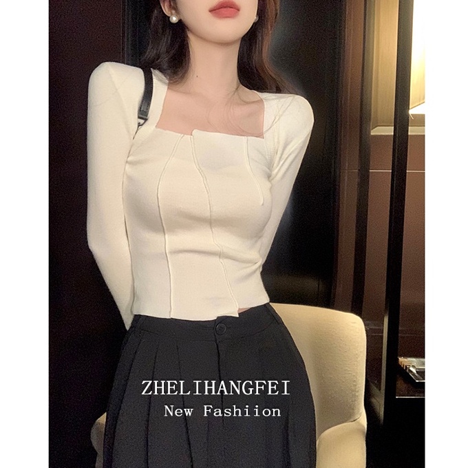 ZHELIHANGFEI Áo Dệt Kim Tay Dài Cổ Vuông Lưng Cao Quyến Rũ Thời Trang Cho Nữ