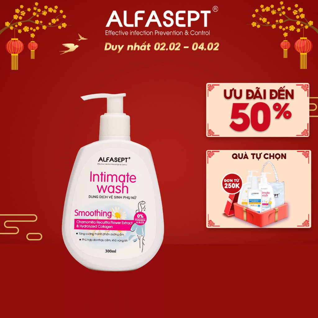 Dung Dịch Vệ Sinh Phụ Nữ ALFASEPT INTIMATE WASH SMOOTHING Chiết Xuất Cúc La Mã Dưỡng Ẩm Giảm Viêm Ngứa Và Ngăn Mùi 300ml