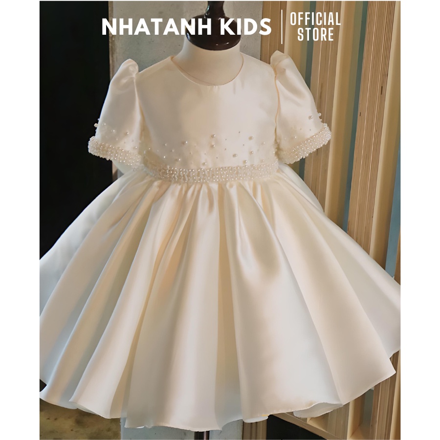 Đầm công chúa bé gái NHATANH KIDS tay viền ngọc màu trắng cho bé từ 0-12 tuổi NA19
