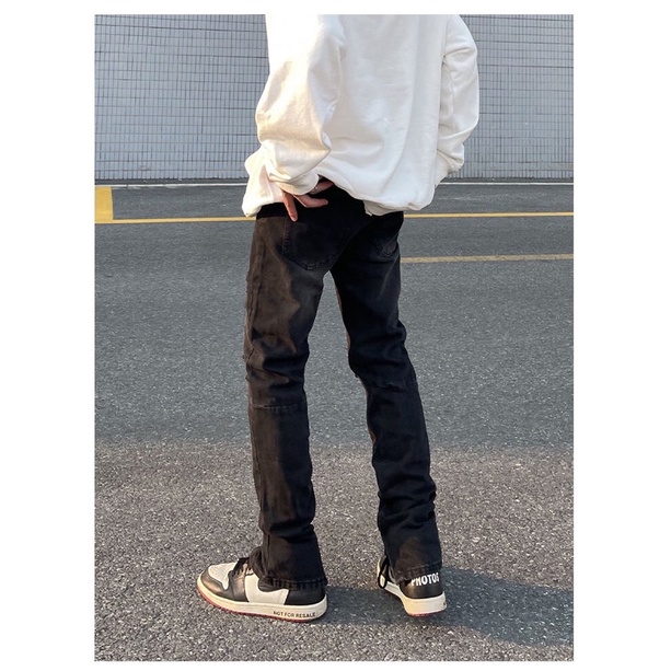 Quần Jean "BlackPink x FireOnFire" rách gối zipper skinny, miếng vá màu hồng.