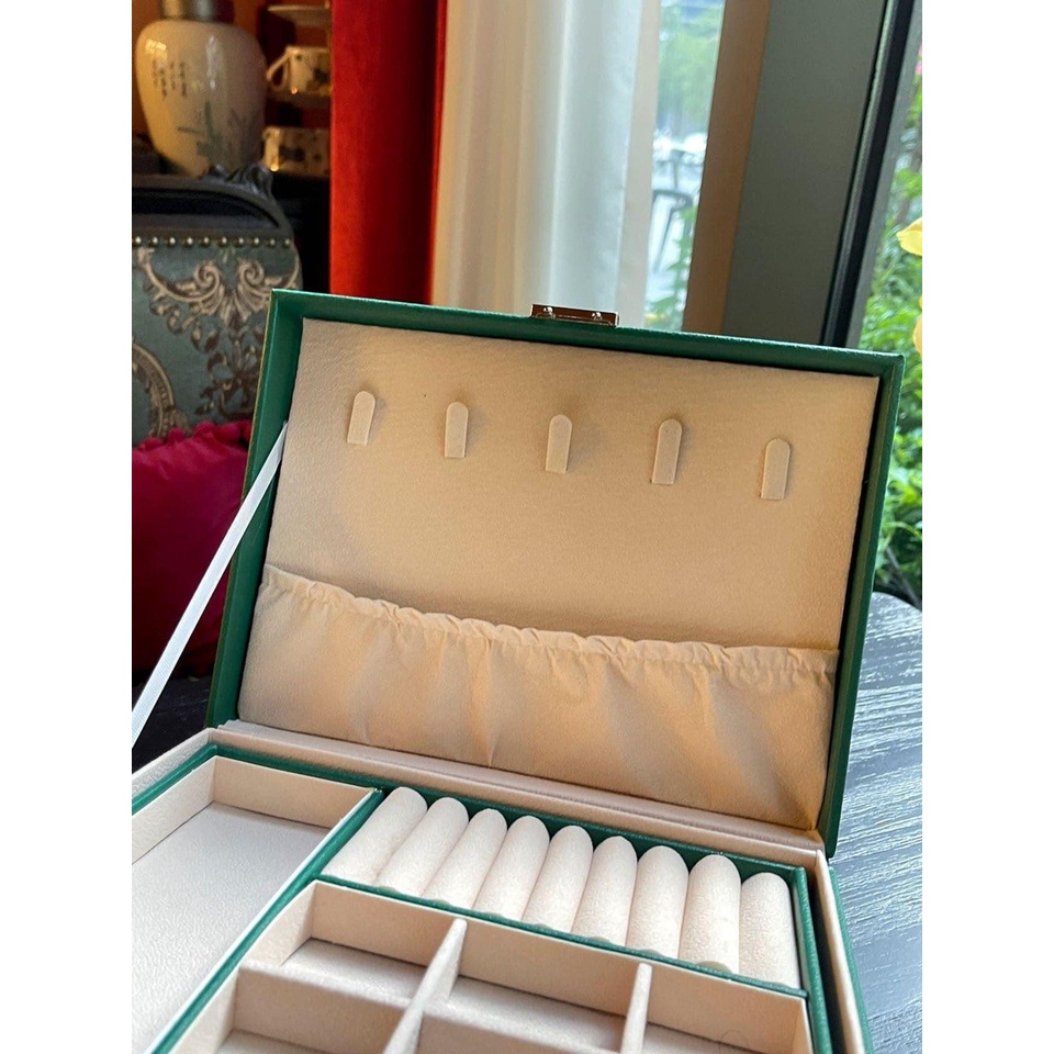 Hộp đựng trang sức bọc da 2 tầng cao cấp màu xanh Miibooshi