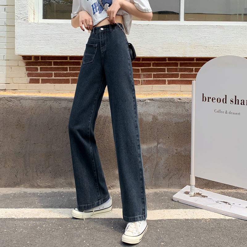 Quần Jean Ống Rộng Màu Xanh Dương Đậm Phong Cách Xuân Thu Mới 2022 Cho Nữ