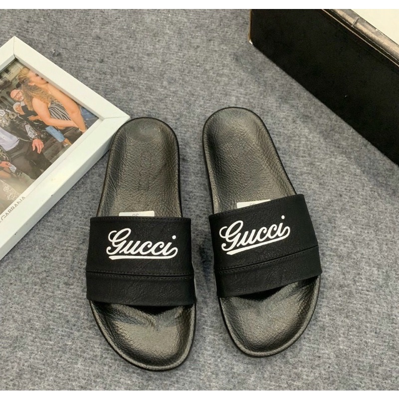 Dép da mầu đen quai ngang có hoạ tiết đơn giản, Dép thời trang nam phong cách hàn quốc btshop từ 38 đến 42.