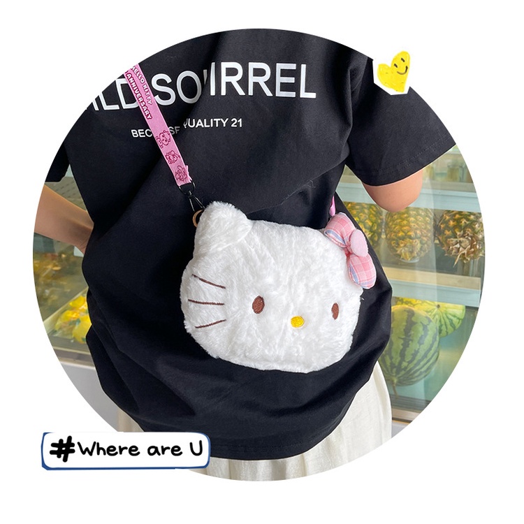 Túi đeo chéo hoạt hình gấu bông Kitty nơ xinh xắn - hàng Quảng Châu có sẳn