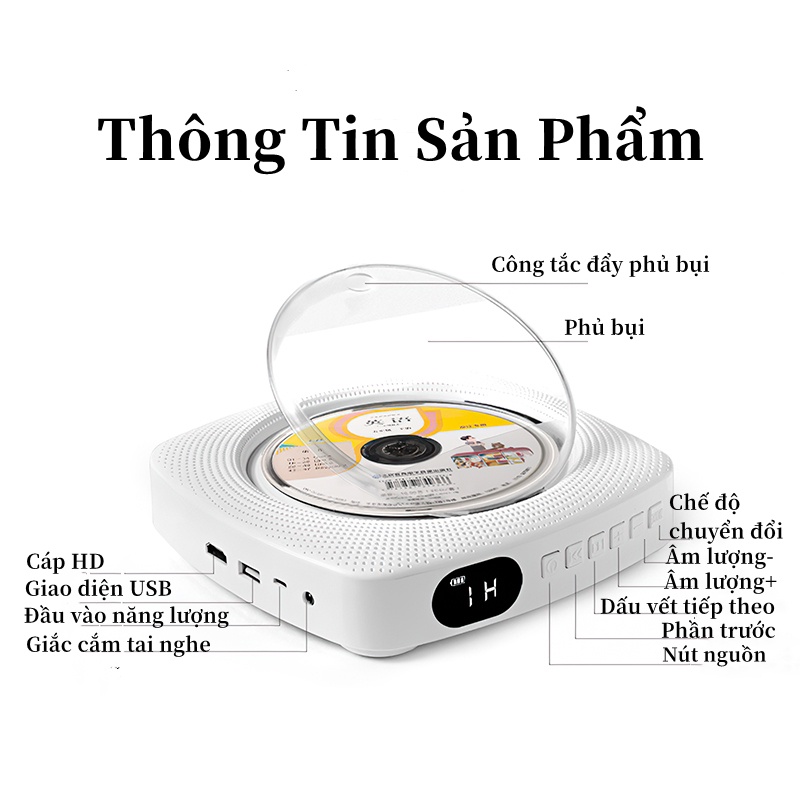 Máy chạy đĩa CD, DVD Máy đĩa nghe nhạc CD bản cắm điện - máy đọc đĩa CD, DVD treo tường, để bàn nhỏ gọn kết nối bluetoot