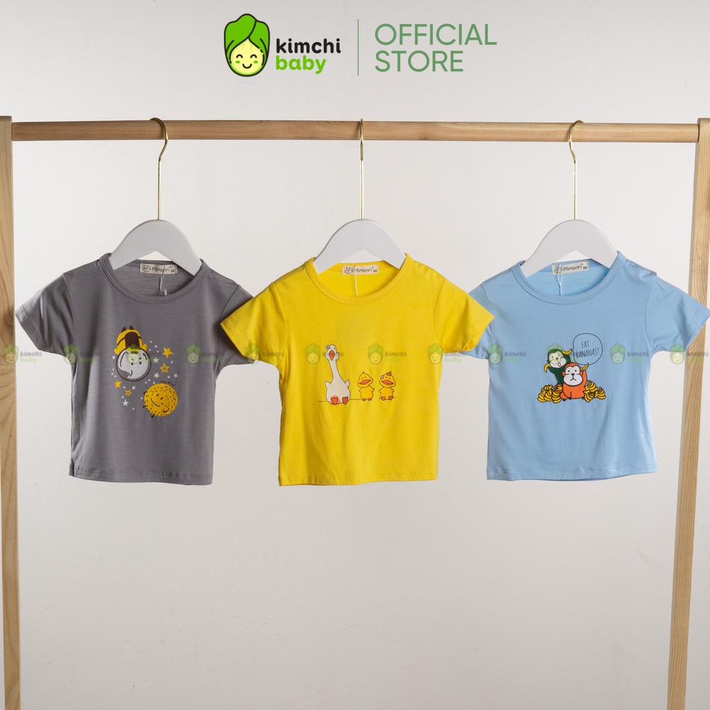 Áo Thun Bé Trai, Bé Gái MIMONRI Vải Thun Lạnh  Họa Tiết In Gấu Con, Áo Cộc Tay Cho Bé Mặc Hè KWA301