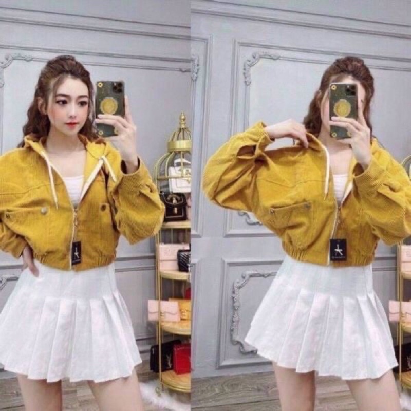 Áo khoác nhung tăm kiểu cánh dơi, nón rộng dây kéo khoen tròn