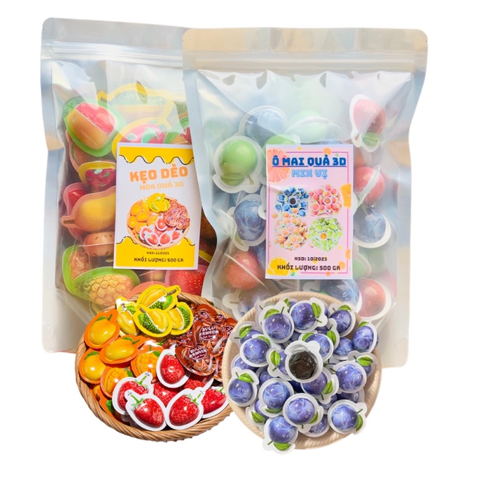 Gói 500gr kẹo ô mai/ kẹo dẻo/ kẹo sữa hình 3D mix các vị