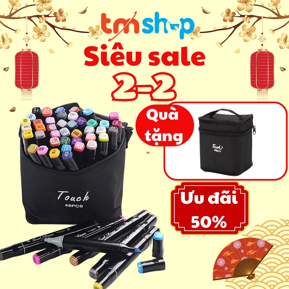 Màu marker TMSHOP bộ 48 màu với 2 đầu tiện lợi chất liệu an toàn tặng kèm túi đựng cho bé thỏa sức sáng tạo