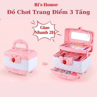 Đồ chơi trang điểm cho bé gái 3 tầng Bi's House, hộp trang điểm màu hồng , an toàn, dễ làm sạch